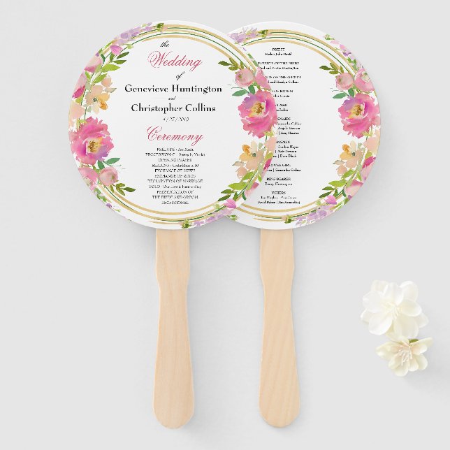 Elegant Spring Boho Floral Gold Wedding Ceremony Hand Fan (Front and Back)