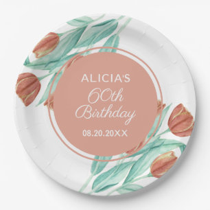 Elegant Spring Brown Tulip 60th Birthday Paper Plate