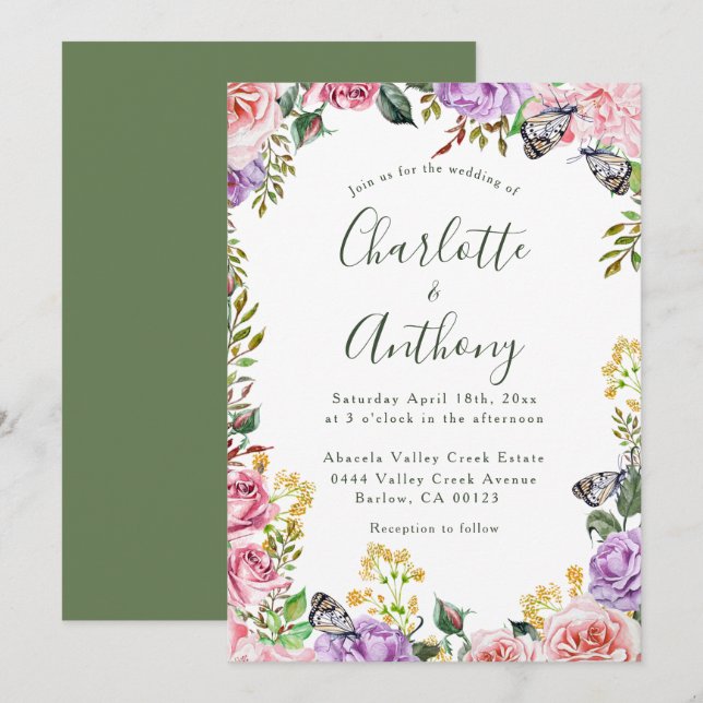 Elegant Spring Butterfly Floral Wedding Invitation (Front/Back)