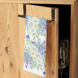 Elegant Spring Daisies with Blue Butterflies Tea Towel