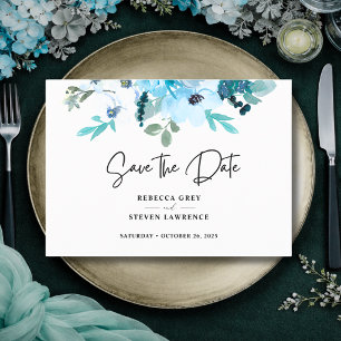 Elegant spring dusty blue white floral wedding save the date