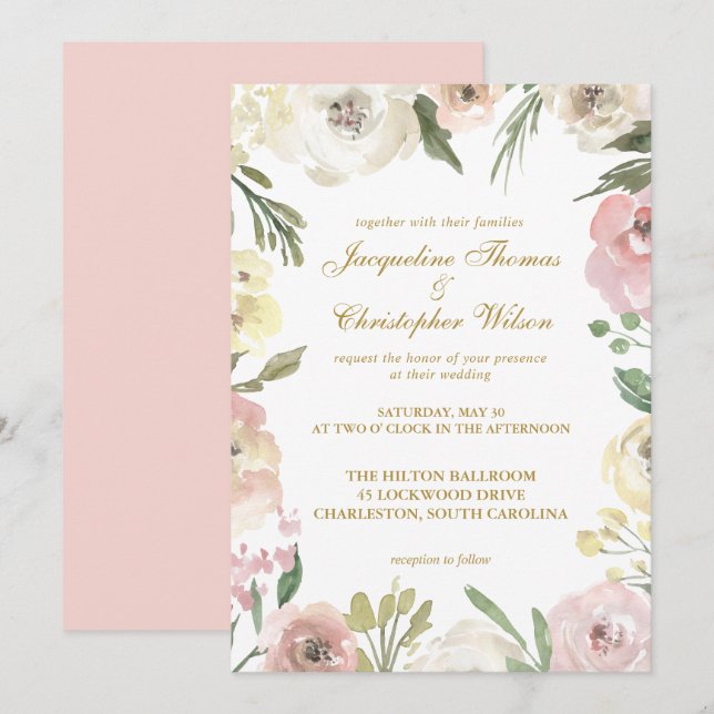 Elegant Spring Floral Blush Pink Gold Wedding Invitation (Front/Back)