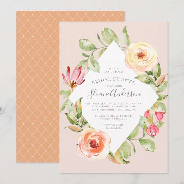 Elegant Spring Floral Diamond Peach Bridal Shower Invitation (Front/Back)