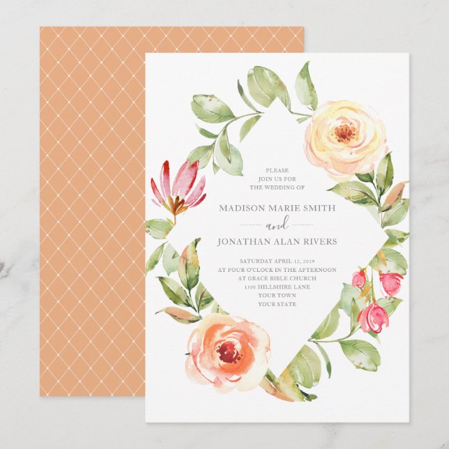 Elegant Spring Floral Diamond Peach Wedding Invitation (Front/Back)