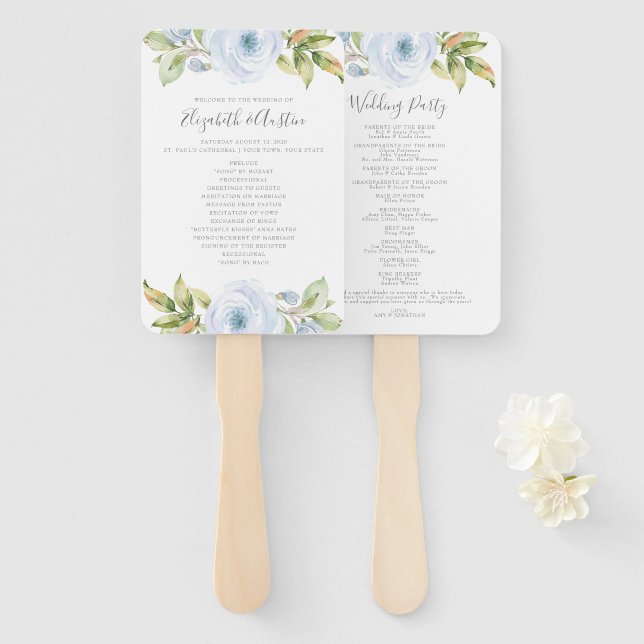Elegant Spring Floral Dusty Blue Wedding Program Hand Fan (Front and Back)