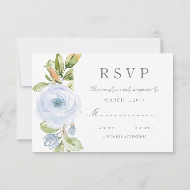 Elegant Spring Floral Dusty Blue Wedding RSVP (Front)