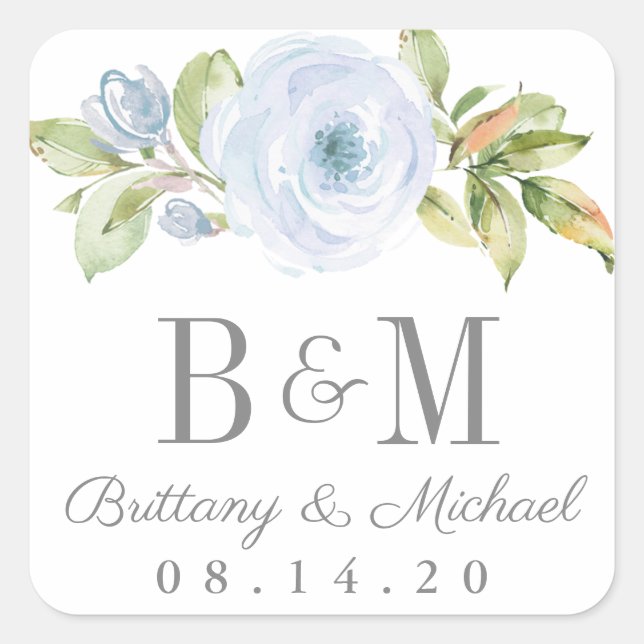 Elegant Spring Floral Dusty Blue Wedding Stickers (Front)