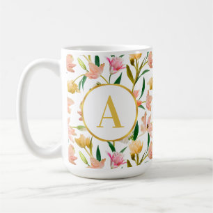 Elegant Spring Floral Monogram with Golden Accent  Coffee Mug