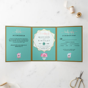 ELEGANT SPRING Floral Teal Wedding Fab  Tri-Fold Invitation
