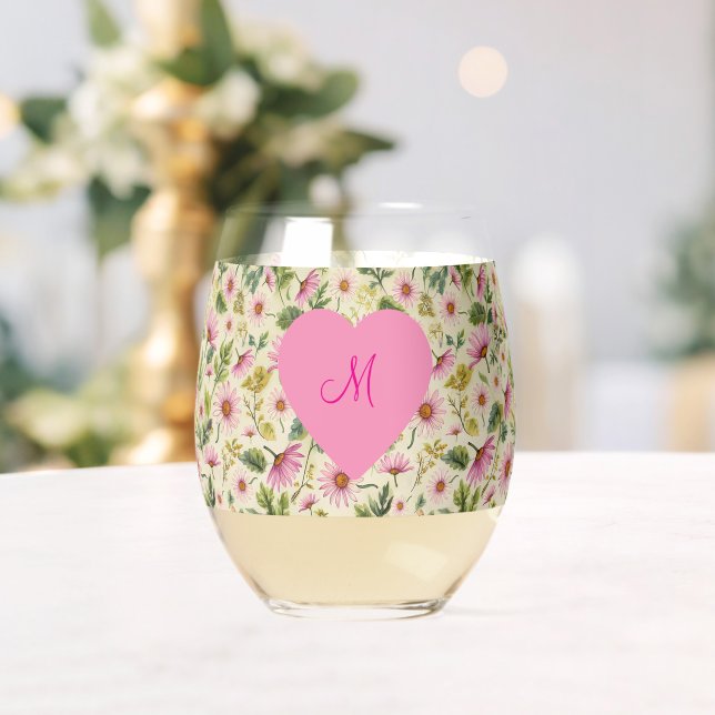 Elegant Spring floral With Monogrammed Heart  Stemless Wine Glass (Insitu (Wedding))