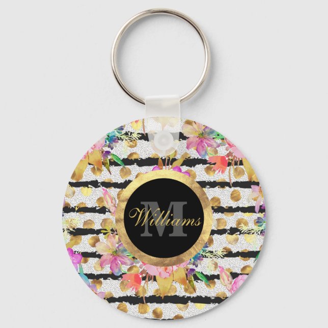 Elegant spring flowers and stripes design key ring (Front)