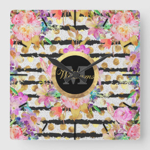 Elegant spring flowers and stripes design square wall clock