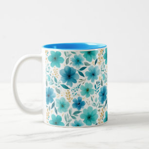 Elegant Spring Flowers Blue Watercolor Floral Two-Tone Coffee Mug