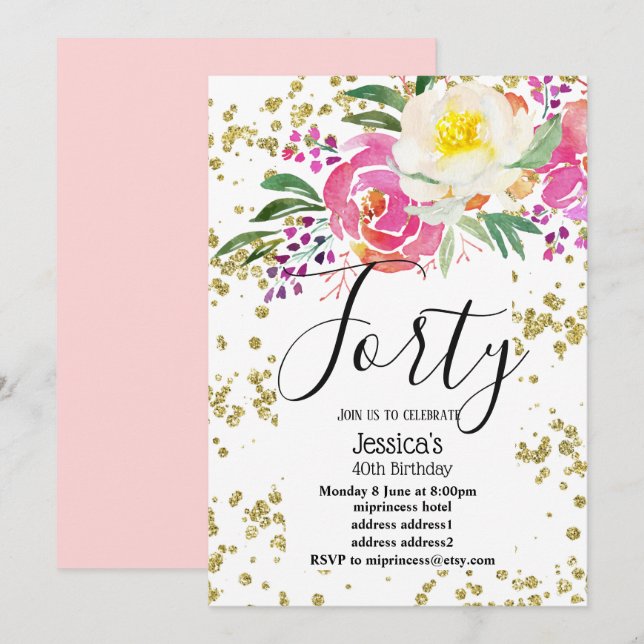 elegant, spring flowers pink floral birthday invitation (Front/Back)