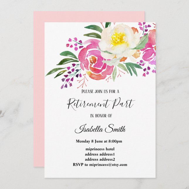 elegant spring flowers pink floral retirement invitation (Front/Back)