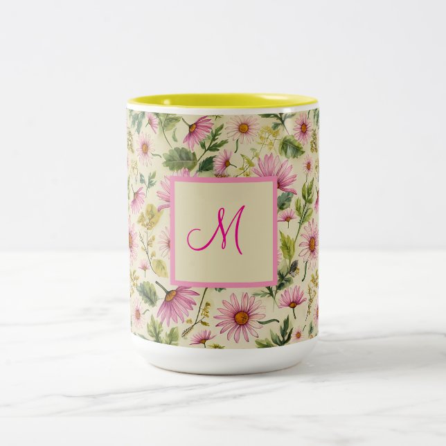 Elegant Spring Flowers With Monogram  Two-Tone Coffee Mug (Center)
