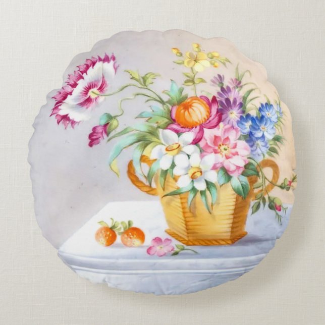 Elegant Spring Garden Flower Basket & Strawberries Round Cushion (Front)