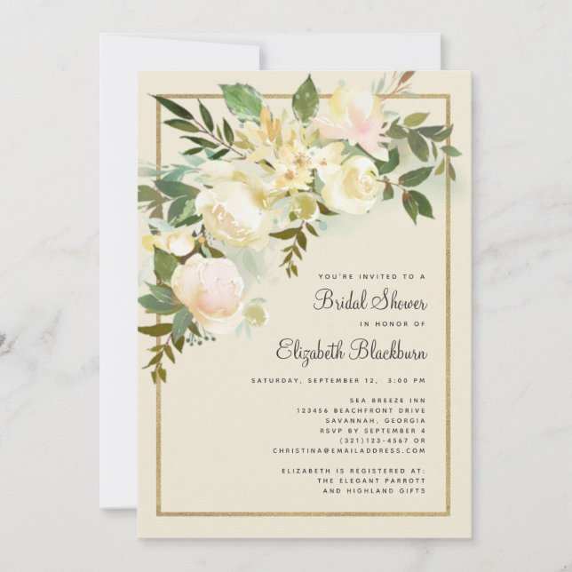 Elegant Spring Greenery & Gold Chic Bridal Shower Invitation (Front)