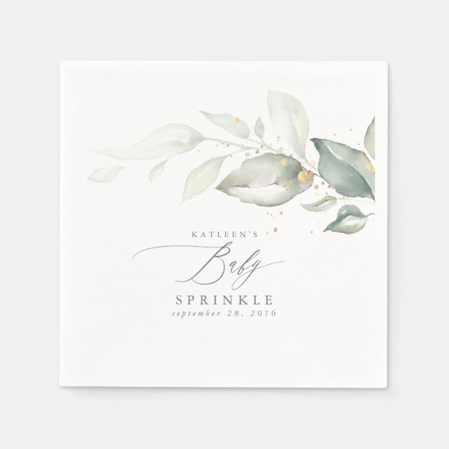 Elegant Spring Greenery Gold Foliage Baby Sprinkle Napkin (Front)