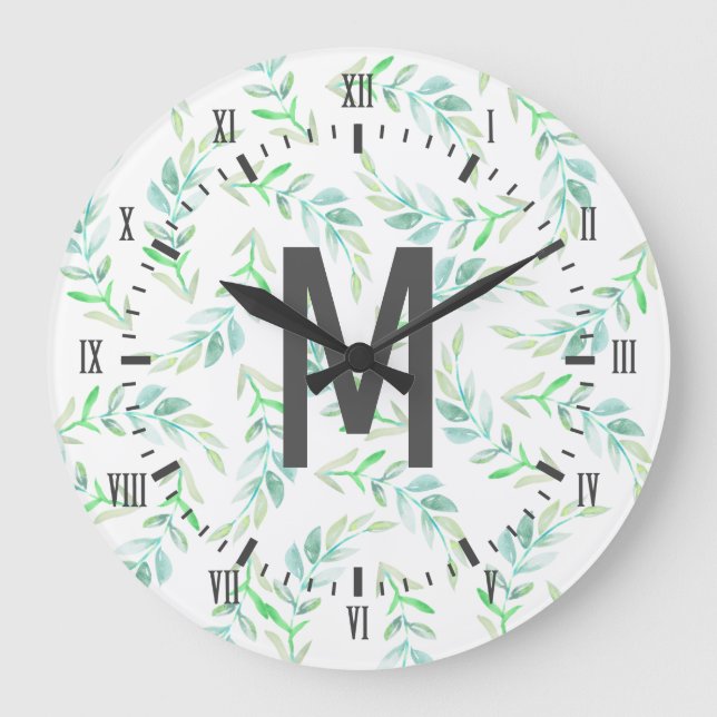 Elegant Spring Greenery Watercolor Laurels & Gray Large Clock (Front)