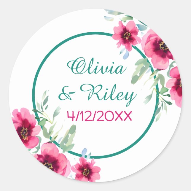 Elegant Spring Pink Floral Wedding Date Classic Round Sticker (Front)