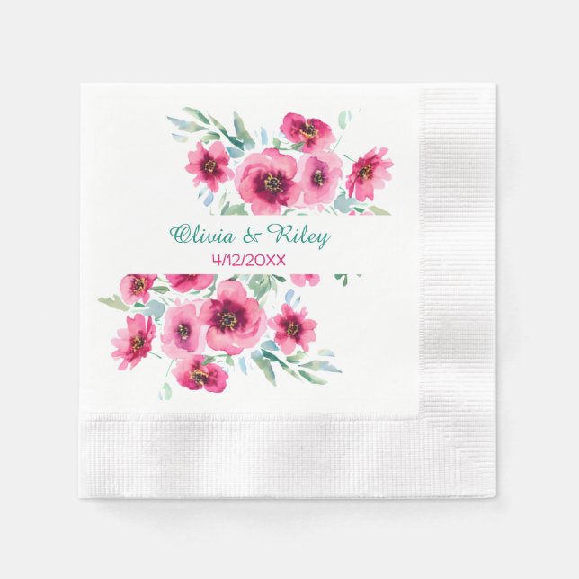 Elegant Spring Pink Floral Wedding Date Napkin (Front)
