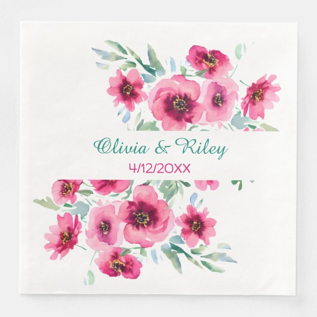 Elegant Spring Pink Floral Wedding Date Napkin (Front)