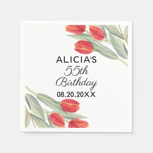 Elegant Spring Red Tulip Flora 55th Birthday Napkin (Front)