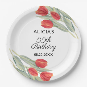 Elegant Spring Red Tulip Flora 55th Birthday Paper Plate