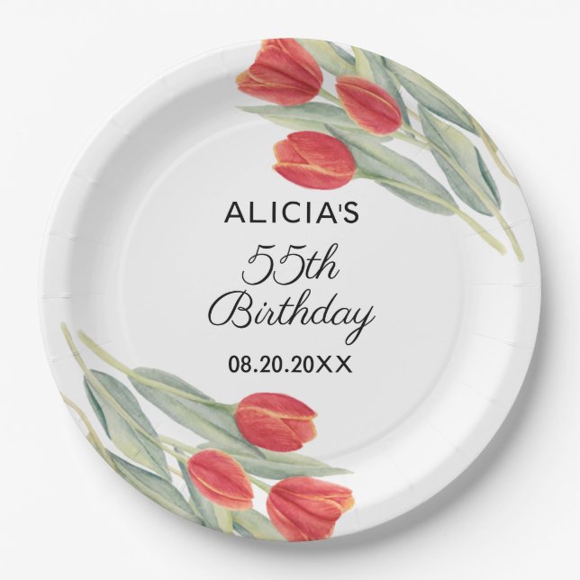 Elegant Spring Red Tulip Flora 55th Birthday Paper Plate (Front)