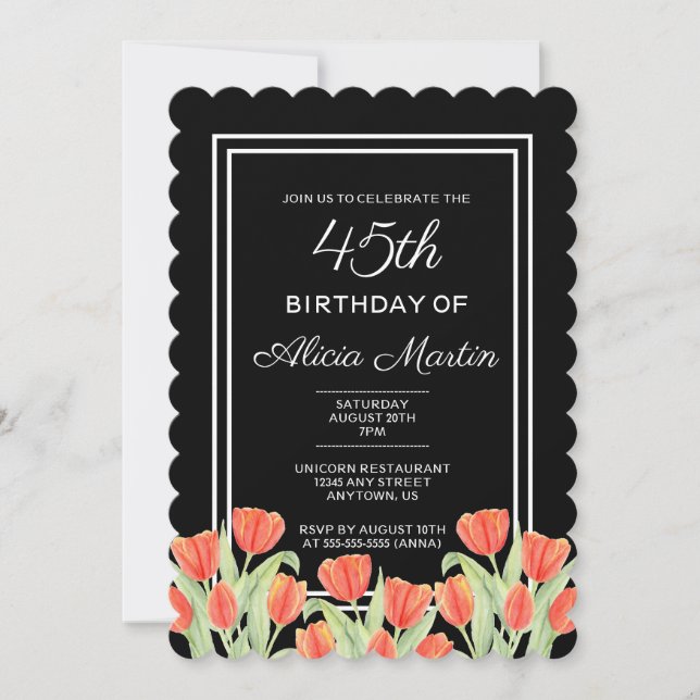 Elegant Spring Red Tulip Flora Black 45th Birthday Invitation (Front)