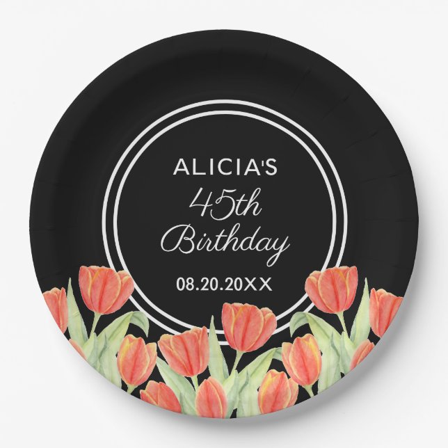 Elegant Spring Red Tulip Flora Black 45th Birthday Paper Plate (Front)