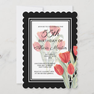 Elegant Spring Red Tulip Flora Black 55th Birthday Invitation