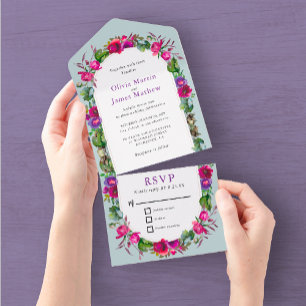 Elegant spring summer pink purple flowers wedding all in one invitation