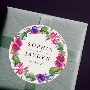 Elegant spring summer pink purple flowers wedding classic round sticker
