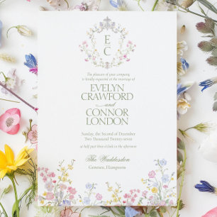 Elegant Spring Summer Wildflowers Crest Wedding Invitation