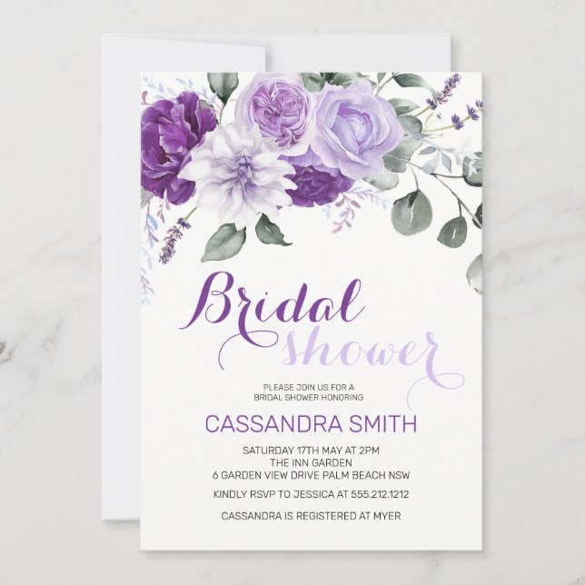 Elegant Spring Violet Floral Bridal Shower Invitation (Front)