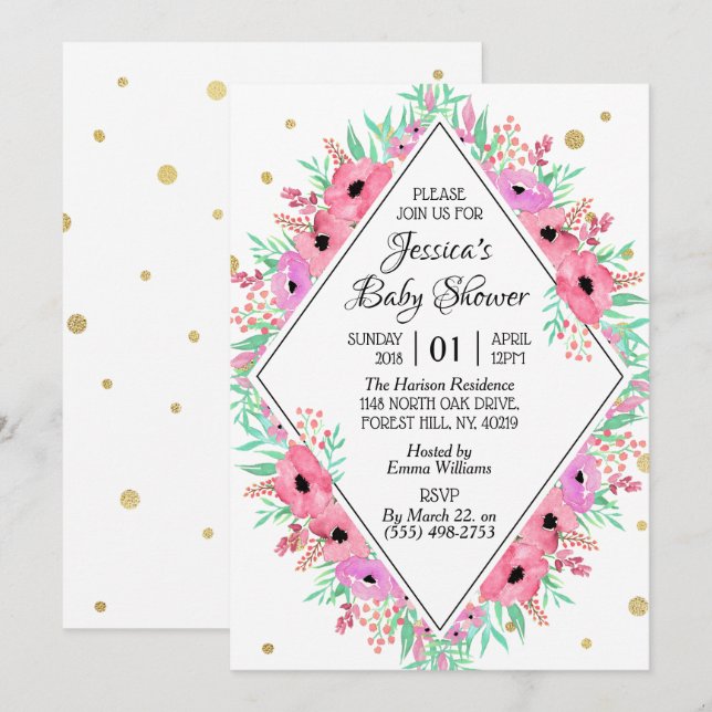 Elegant Spring Watercolor Floral Baby Shower Invitation (Front/Back)