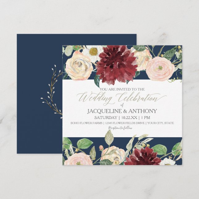 Elegant Spring Wedding Chrysanthemum Burgundy Rose Invitation (Front/Back)