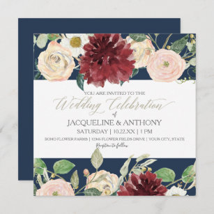 Elegant Spring Wedding Chrysanthemum Burgundy Rose Invitation