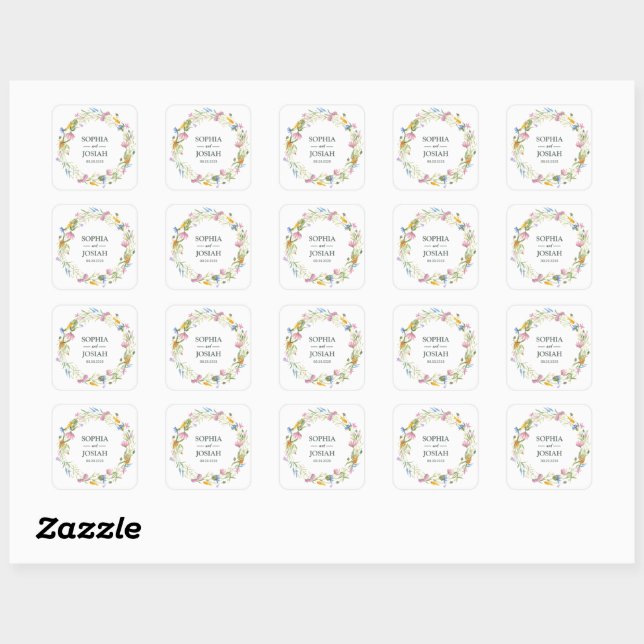 Elegant Spring Wildflower Watercolor Monogram Flow Square Sticker (Sheet)