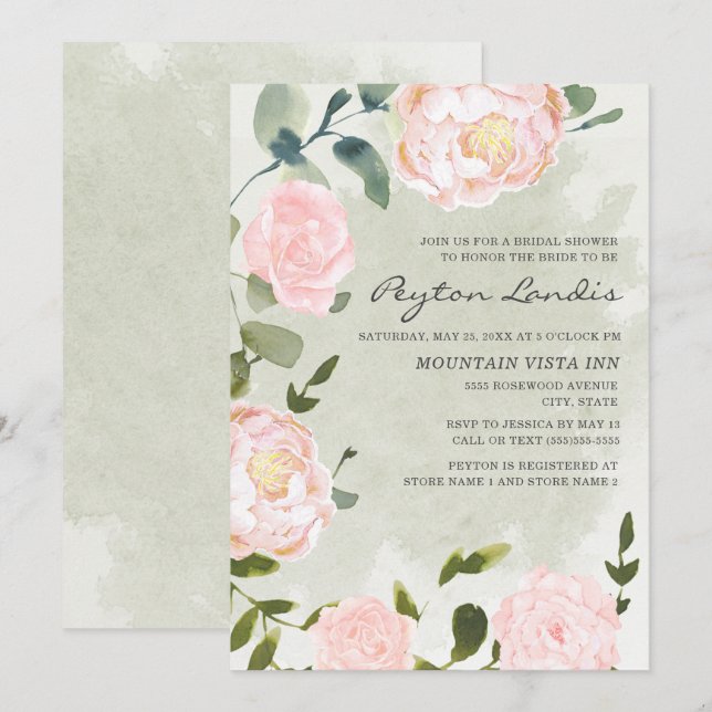 Elegant Springtime Blush Pink Floral Bridal Shower Invitation (Front/Back)