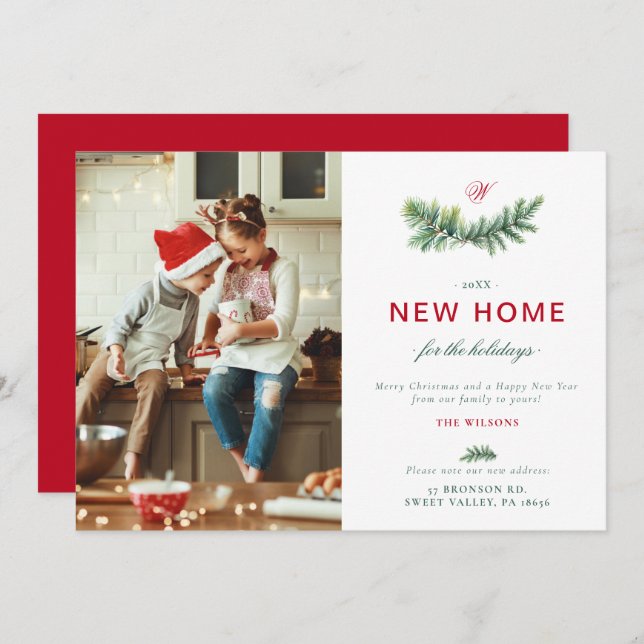 Elegant Spruce New Home Family Monogram Photo Holiday Card (Front/Back)