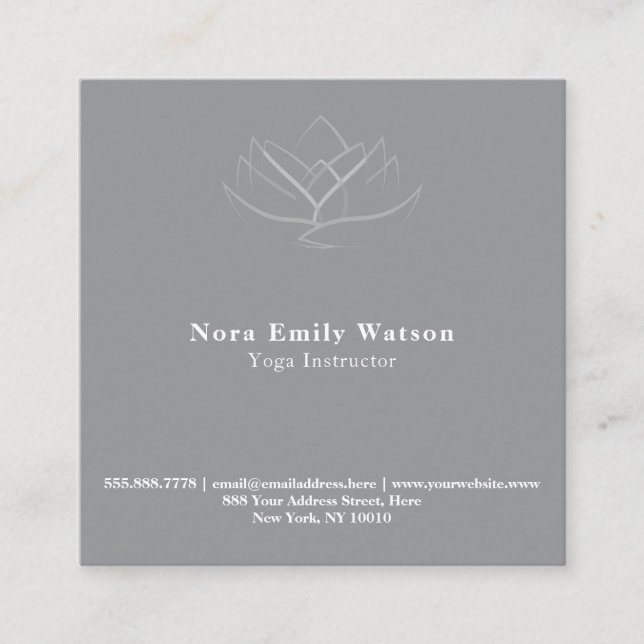 Elegant Square Grey and White Lotus Flower Square Business Card (Front)