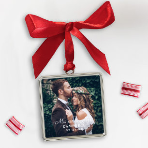 Elegant Square Mr and Mrs Wedding Photo Name Metal Tree Decoration