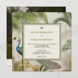 Elegant Square Photo Tropical Peacock Palm Wedding Invitation