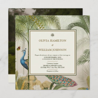 Elegant Square Photo Tropical Peacock Palm Wedding Invitation