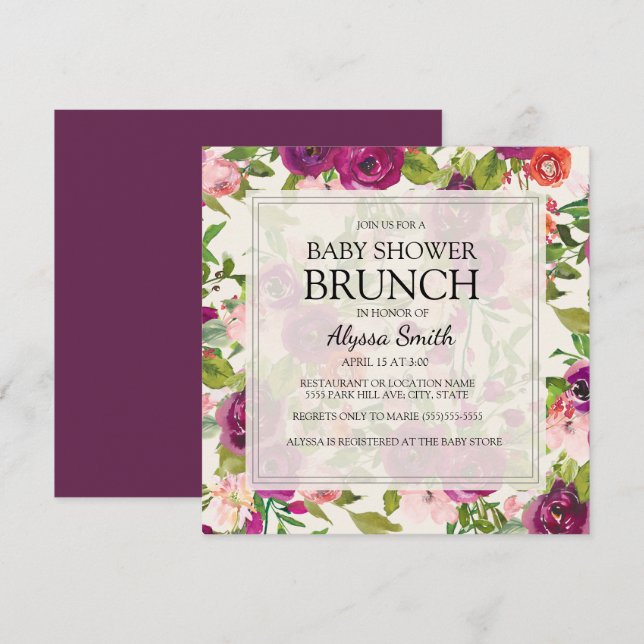 Elegant Square Pink Purple Floral Baby Shower Invitation (Front/Back)