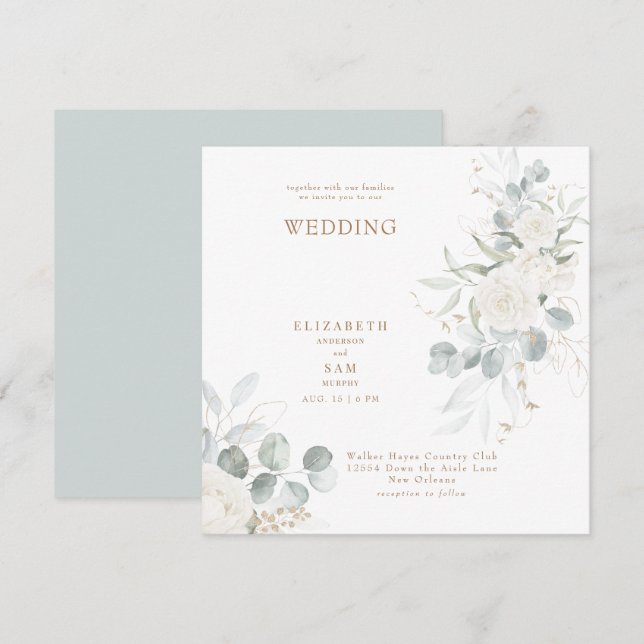 Elegant Square Sage White Floral Wedding Invitation (Front/Back)