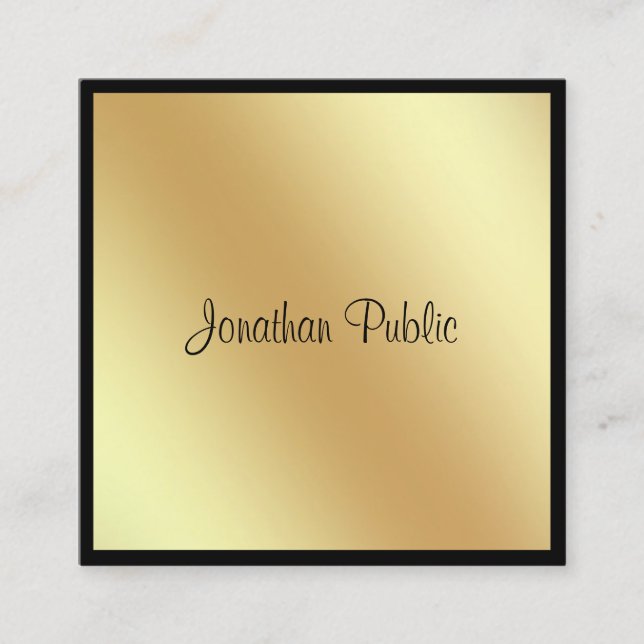 Elegant Square Script Glamour Black And Gold Plain Square Business Card (Front)